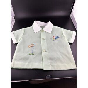 Vtg Baby Boy Layette Shirt‎ Textured Thin Golf Motif Embroidered 1970s Green